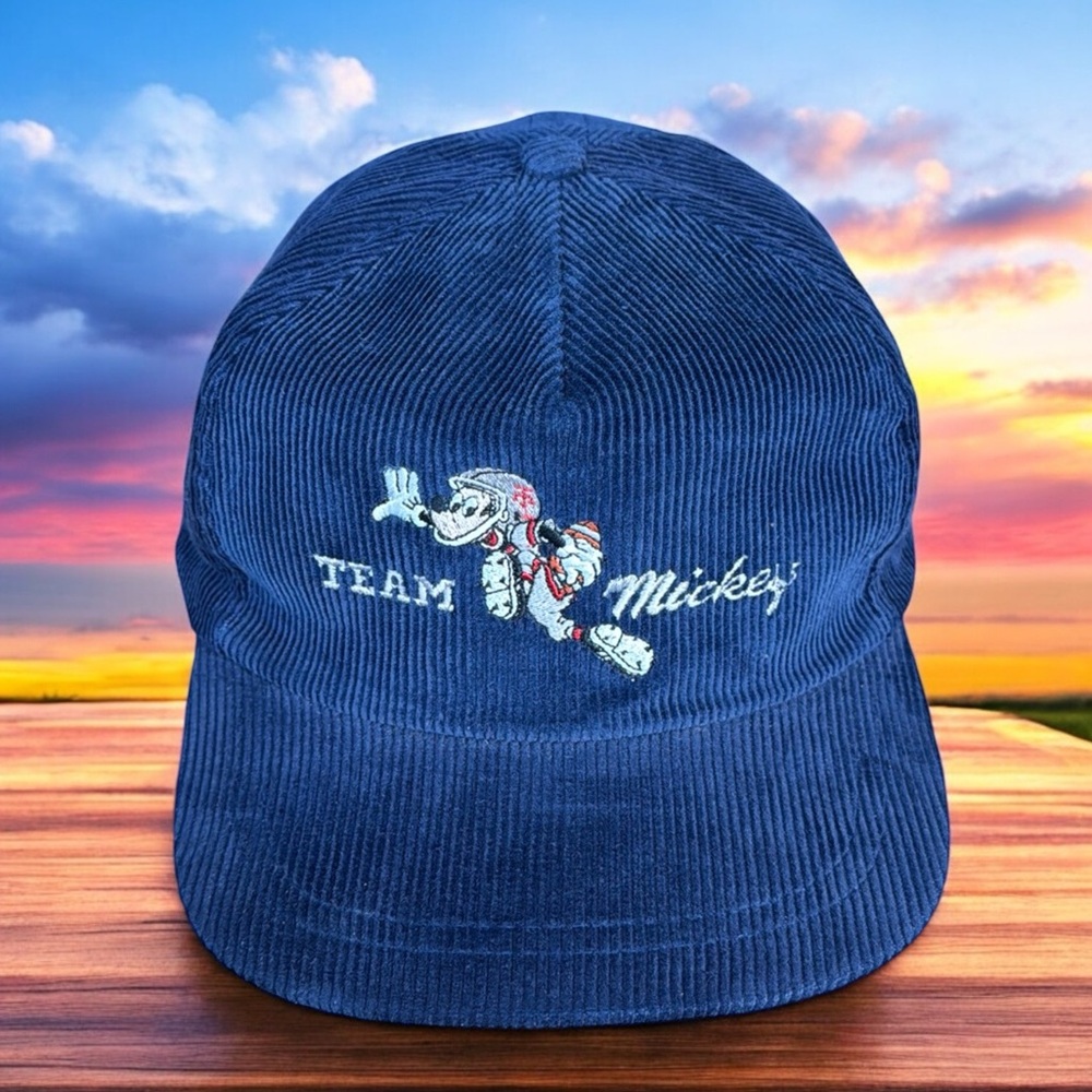 Vintage 90’s Walt Disney World Team Mickey Goofy Football Blue Corduroy Hat Cap